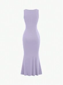 Sweetra Summer Solid Color Sleeveless Bodycon Mermaid Dress With Ruched Hem Maxi Women Outfit - Mauve Purple - View 2