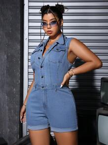SHEIN ICON Bộ áo liền quần denim không tay cỡ lớn với thiết kế có túi và đóng một bên ngực, mùa hè - Màu xanh lam - Xem 4