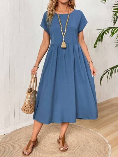 EMERY ROSE Women's Loose Solid Color Casual Dress With Slanted Pockets