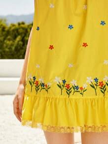 Forever 21 Lovely Holiday Party Yellow Square Collar Ruffled A Swing Loose Embroidered Dress - Yellow - View 3