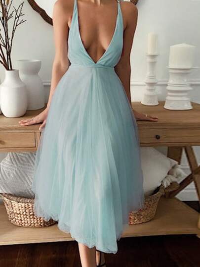 Women's Elegant A Line Tulle Midi Prom Backless Dress Formal Party