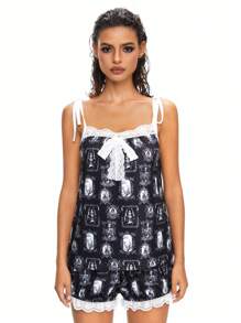 ROMWE Vintage Phong Cách Gothic Đậm Allover In Ren Ghép Đầu Lâu Họa Tiết Dây Ruy Băng Cami Quần Short Bộ Đồ Ngủ - Nhiều màu - Xem 1
