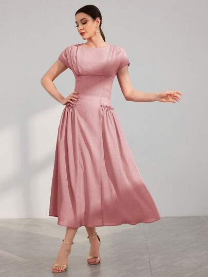 Modelyn 女士夏季纯色圆领盖袖连衣裙搭配优雅荷叶边下摆长款晚礼服