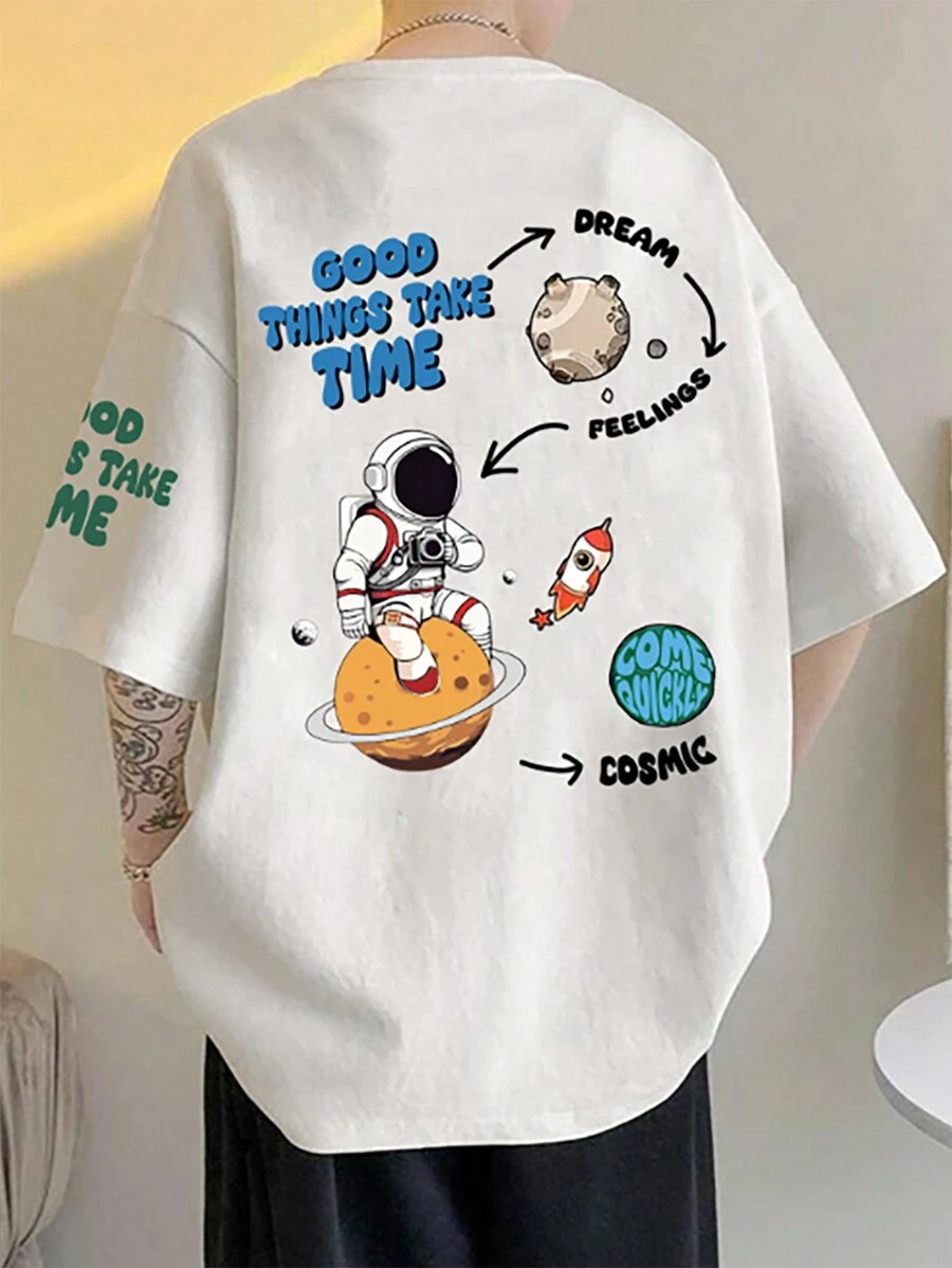 Claim Dot 男士夏季运动休闲宽松趣味宇航员和字母图案印花短袖圆领 T 恤，适合外出、送给朋友 - 白色 - 查看 1