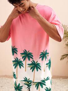 Manfinity VCAY Men Summer Palm Tree Printed Short Sleeve Knit Casual T-Shirt And Shorts Set