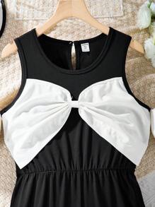 少女露肩圓領休閒連身褲裝，附蝴蝶結 - 黑與白 - 查看 4