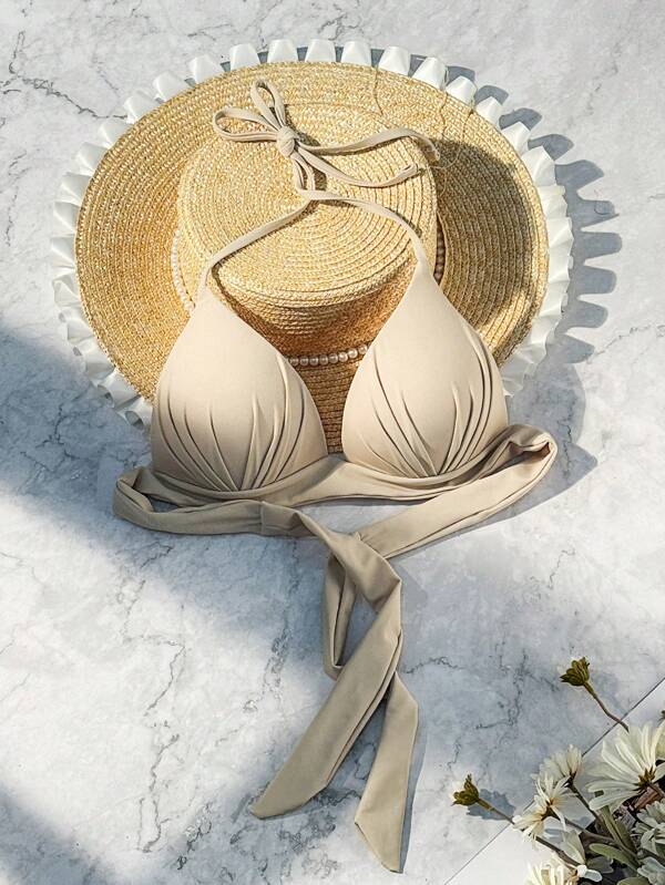 SHEIN Swim ملابس السباحة النسائية بدون أكمام، بلون موحد، مثيرة مع حمالة رقبة متحركة بعقد وقفص داخلي لدفع  مع خطاف للاغلاق ، مناسبة للشاطئ و فصل الصيف