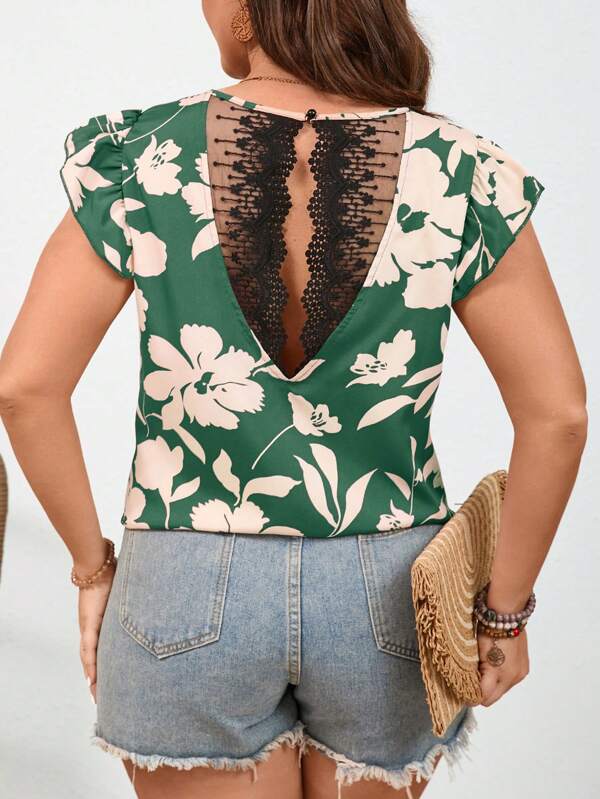 SHEIN Frenchy Summer New Style Plus Size Lace Back Silhouette Flower Chiffon Blouse With Flutter Sleeves