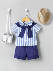 SHEIN 寶寶男孩藍白相間襯衫、短褲和披肩套裝，2024年夏季新款舒適、優雅和時尚休閒裝 - 藍白色 - 查看 7