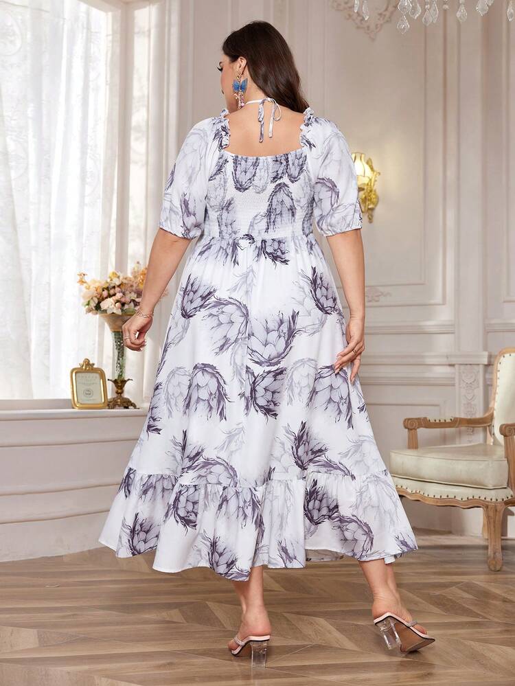 Printed Short Sleeve A-Line Dress With Square Neckline