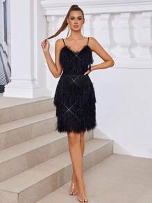 SHEIN Belle Elegant, Gorgeous, Sexy, Exquisite And Charming, Fashionable And Popular Women's Classic Black Sequin Stitching Layered Feather Tassels Decorated Spaghetti Straps V Tie Breast Pads Gathered Anti-Exposure High Waist Tight Hip-Hugging Curve Mini Dress, Suitable For Music Festivals, Graduation Ceremonies, Proms, Date Parties, Cocktails Meeting.