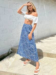 SHEIN Essnce Áo băng đô in hoa màu xanh và trắng mùa xuân/hè dành cho nữ với tay áo phồng và trang phục váy eo cao phù hợp - Màu xanh lam - Xem 3