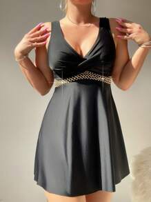 SHEIN Swim Summer Women Vacation Matching Tankini And Bottoms Set, 2pcs - Black - View 3