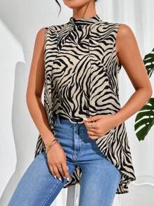 SHEIN Essnce 女士夏季時尚立領無袖雙層斑馬紋襯衫 - 彩色 - 查看 8