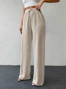 EURMUSE Quần cotton nữ cao cấp có nút thắt màu trơn - Màu be - Xem 3