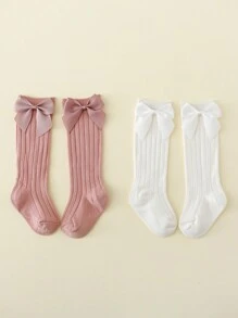 2 Pairs Baby Girls' Bowknot Princess Style Solid Color Mid-Calf Socks - Multicolor - View 2