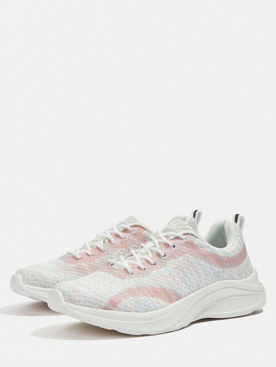 Knit Panel Lace Up Front Running Shoes Tainers - Pink - View 1