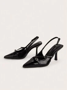 2025秋冬季性感黑色尖头绑带搭扣细高跟凉鞋，适合婚礼派对，优雅女士高跟鞋，高贵典雅