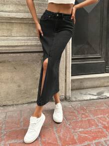 EURMUSE Split Thigh Denim Skirt - Grey - View 4