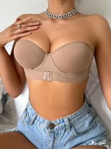 Women Solid Color Front Closure Strapless Bra - Coffee Brown - View 5