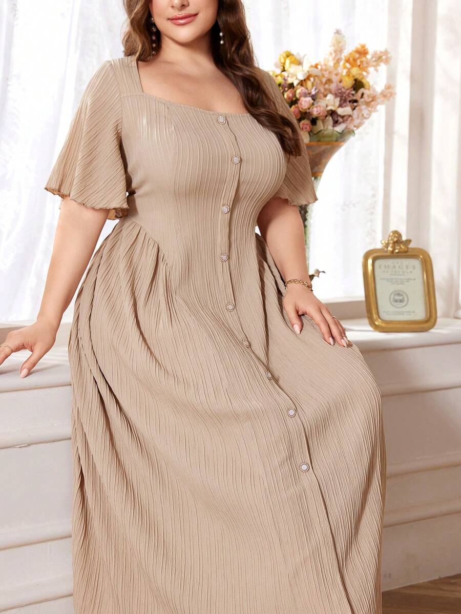 Modelyn Đầm Maxi Cổ Vuông Màu Trơn Đơn Hàng Xếp Ly Tối Giản Size Lớn Cho Nữ - Màu be - Xem 1