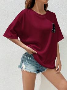 SHEIN EZwear Summer Letter Patched White Drop Shoulder Tee - Rose Red - View 3