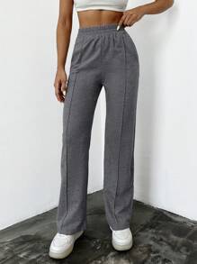 SHEIN Cottnline 女士實色彈性腰運動長褲 - 深灰色 - 查看 5
