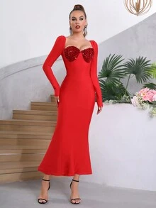 Modphy 紅色無肩方領鑽石修飾長袖人魚緊身包臀帶，適合婚禮伴娘或正式晚會