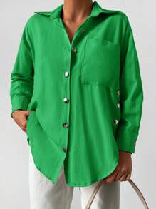 RueChic Solid Button Front Pocket Patched Shirt - Green - View 6