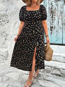 SHEIN LUNE Vestido de mujer talla grande con escote cuadrado, manga corta abullonada, estampado floral y bajo con abertura, conjunto de vestir de verano para mujer - Negro - Ver 6