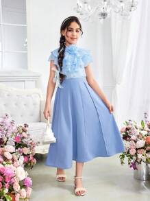 SHEIN Tween Girl 2pcs Lovely Collar Ruffle Trim 3D Flower Shaped Shirt And Skirt Set - Blue - View 3
