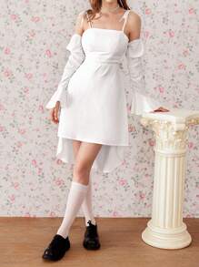 GENKIRA Vintage American Style Casual Sweet & Spicy Backless Drawstring Waist Cutout Design Flare Sleeve Cold-Shoulder Mid-Length Dress Fall Cloth For Women - White - View 6