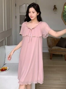 DAZY French Style Sheer Mesh Embroidered Scalloped Edge Deep V-Neck Backless Nightgown
