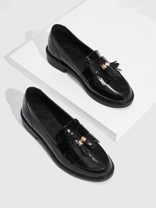 CUCCOO BIZCHIC 女士时尚黑色漆皮流苏平底乐福鞋