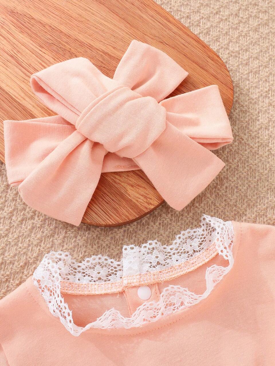 Baby Girl Lotus Pink Short Sleeve Romper With Long Pants, Casual 2pcs Home Outfits