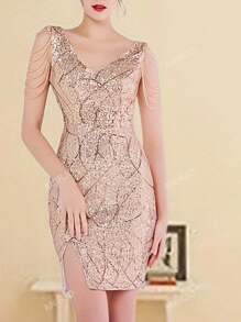 Vestido con cuello en V sin mangas, decorado con lentejuelas y cadena de cuentas, con abertura en el bajo. Vestido de gala formal elegante de mujer para fiestas de cóctel, bodas, graduaciones, cenas y fiestas de regreso a casa