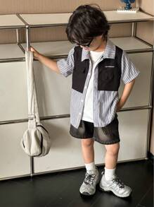 SHEIN 男童休閒韓版條紋2合1襯衫及牛仔短褲，適合逛街和戶外活動 - 白色 - 查看 7