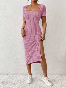 SHEIN Frenchy Vestido feminino de manga curta com decote quadrado de cor sólida, com nervuras e fenda na barra, para o verão - Pink - Visão 3