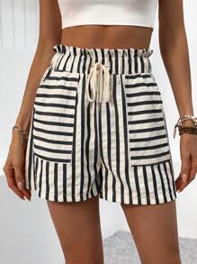 SHEIN LUNE Vakantie casual colorblock gestreepte papieren zak taille shorts