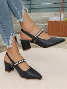 New 2024 Women High Heel Closed Toe White High Heel Pumps, Party Lady Mary Janes Rhinestone Embellished High Heels - Black - View 4