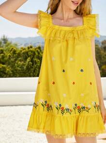Forever 21 Lovely Holiday Party Yellow Square Collar Ruffled A Swing Loose Embroidered Dress - Yellow - View 8