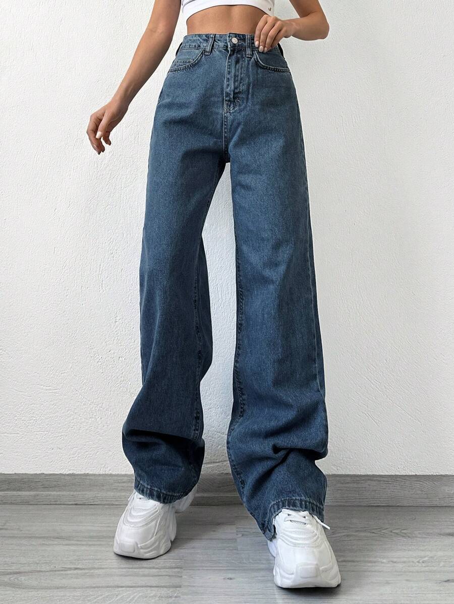 Cottnline Jeans de pierna recta unicolor - Azul lavado oscuro - Ver 1