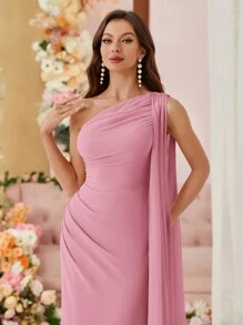 Aureia 不对称领口雪纺伴娘礼服，带垂坠侧边，（成人）女士正式舞会礼服优雅舞会晚会婚礼宾客礼服，适合毕业典礼、晚宴派对礼服 - 藕粉色 - 查看 4
