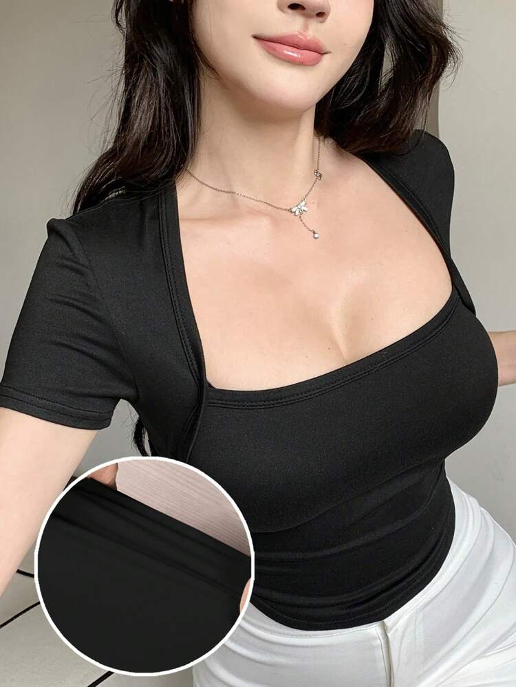 Solid Color Slim Fit Short Sleeve Women T-Shirt Summer Cute Tops