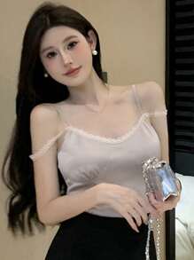 DAZY Áo yếm không tay viền ren màu khối Slim Fit dành cho nữ - Bụi tím - Xem 1