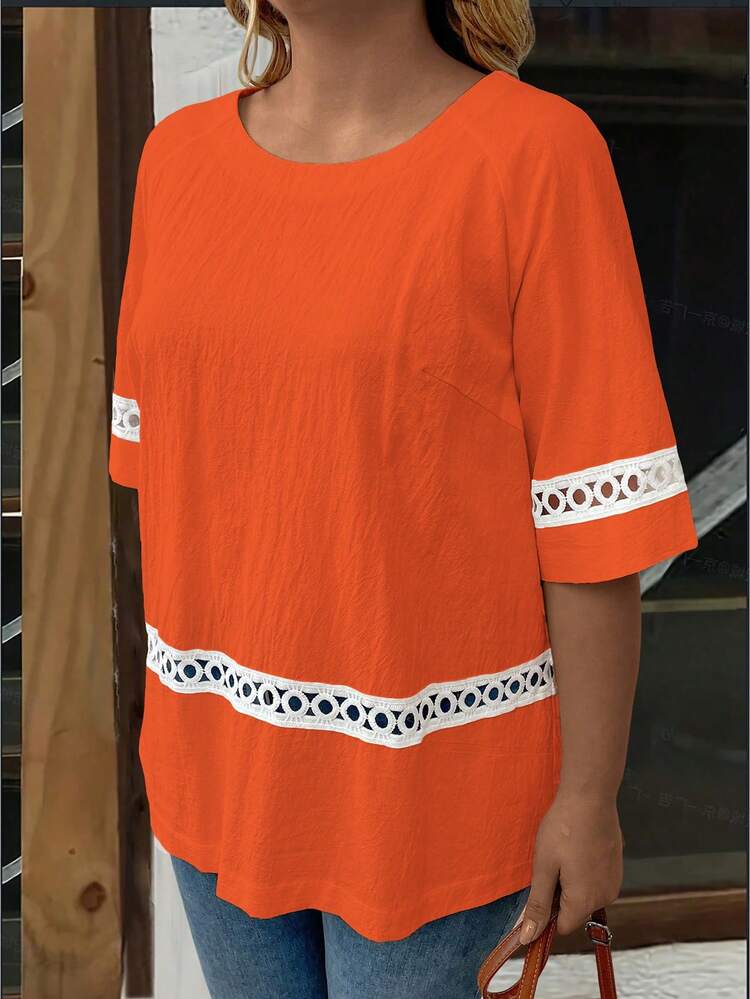 Plus Size Solid Color Round Neck Lace Splice Casual Shirt For Summer