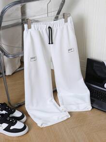 SHEIN Tween Boys Extended Size Casual-Fit Solid Color Long Sweatpants - White - View 3