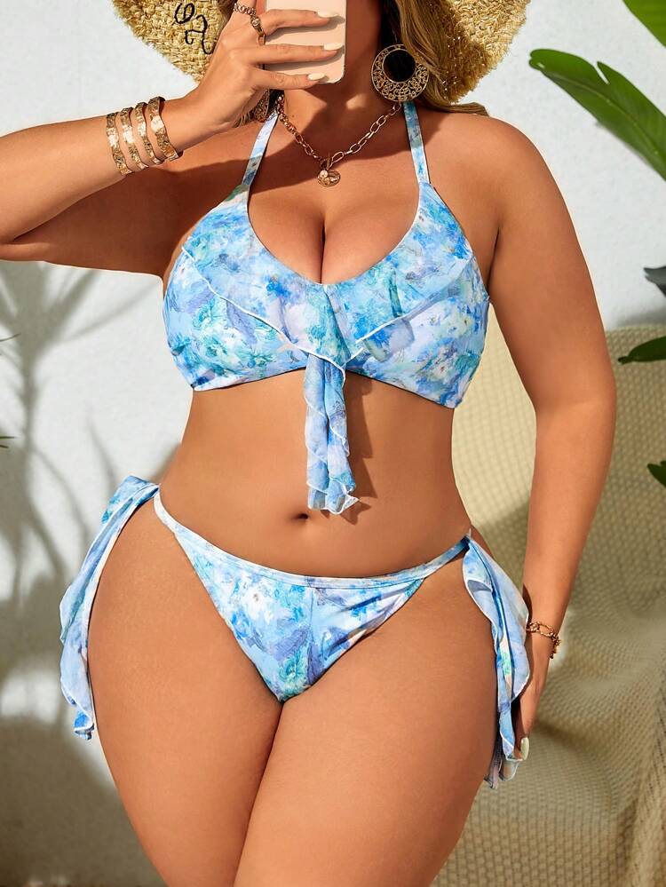 Plus Size Women's Tie-Dye Print Patchwork Ruffle Trim Halter Neck Two-Piece Bikini Set, Perfect For Holiday Summer Beach