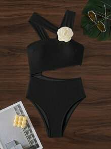 Swim Vcay 女式一片式泳衣，中空設計，3D花裝飾，夏日沙灘頸帶款 - 黑色 - 查看 6