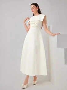 Modelyn Đầm dạ hội dài màu trơn cổ tròn thanh lịch cho nữ kiểu Ả Rập đơn giản - Màu be - Xem 6